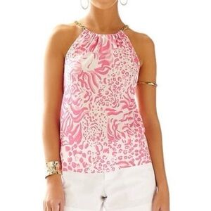 Lilly Pulitzer Pink Riviera Gold Chain Link Halter Top Blouse |XS|